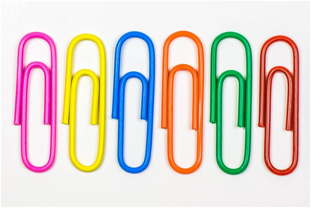 six paperclips of different colours